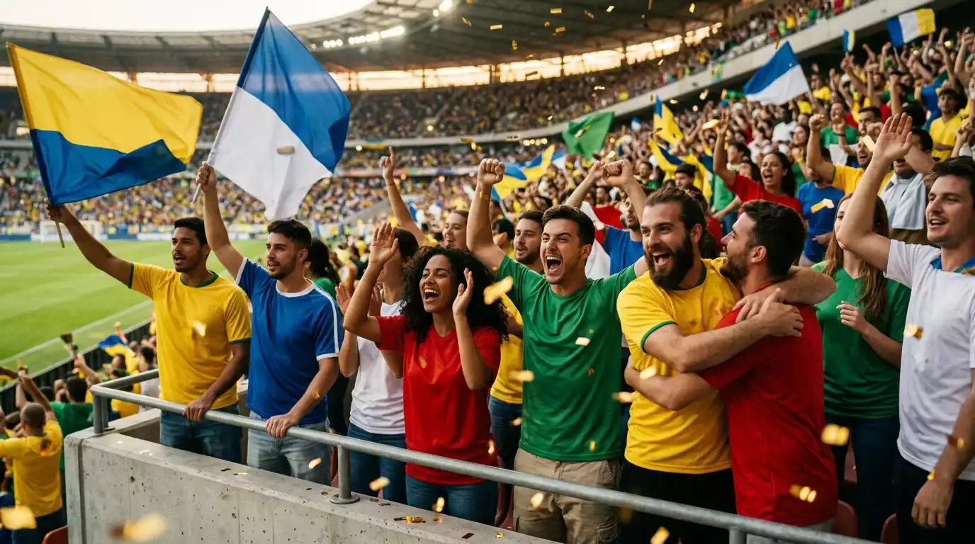 Aficionados celebrando en la tribuna de un estadio durante un partido del Mundial con banderas de distintos países