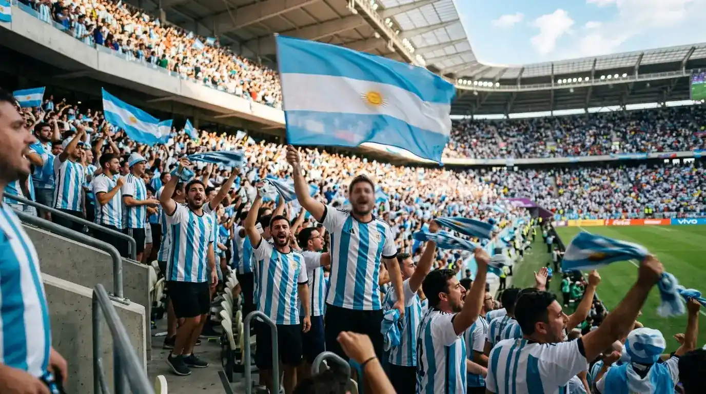 Aficionados con camisetas celestes y blancas alientan en las gradas de un estadio del Mundial