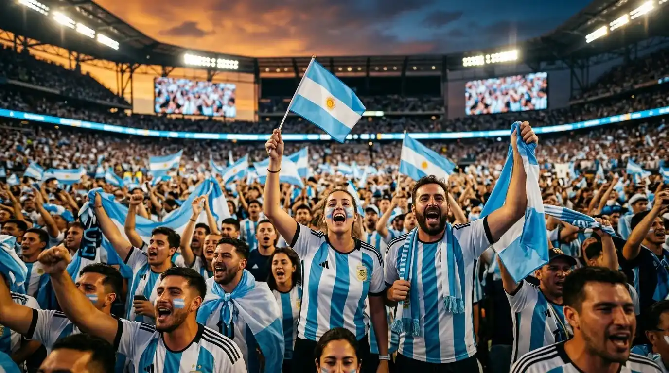 Aficionados con camisetas celestes y blancas alientan en las gradas de un estadio del Mundial 2026