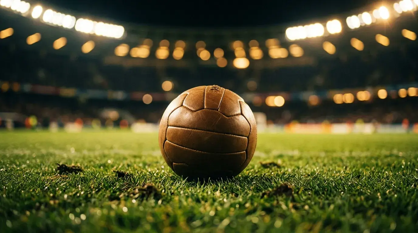 Balón de fútbol iluminado sobre el césped con las luces del estadio de fondo