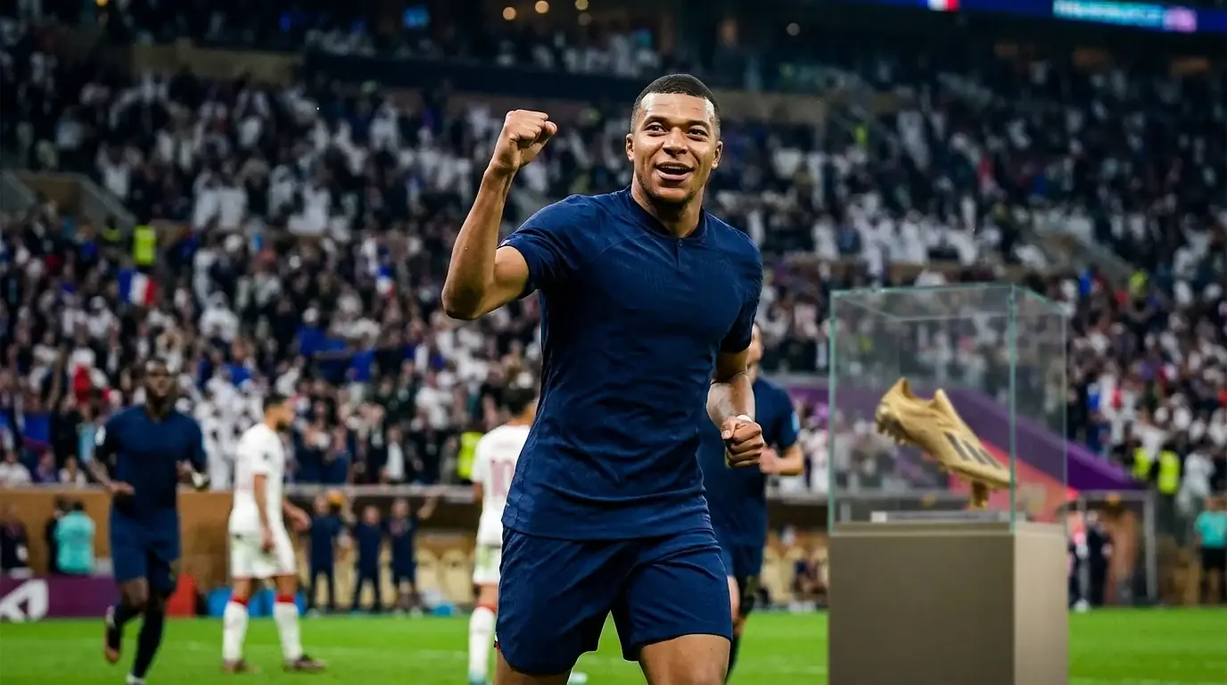 Mbappé celebra uno de sus goles en el Mundial con el dorsal 10 y los brazos abiertos