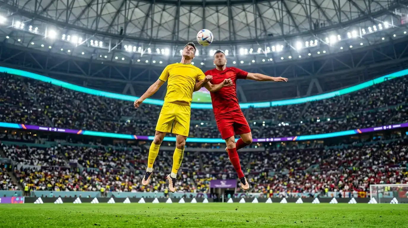 Jugadores de fútbol saltan por un balón aéreo en un estadio techado durante el Mundial