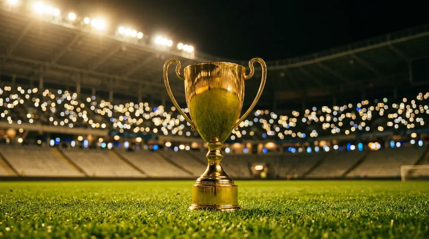 Trofeo dorado del Mundial iluminado sobre el césped de un estadio