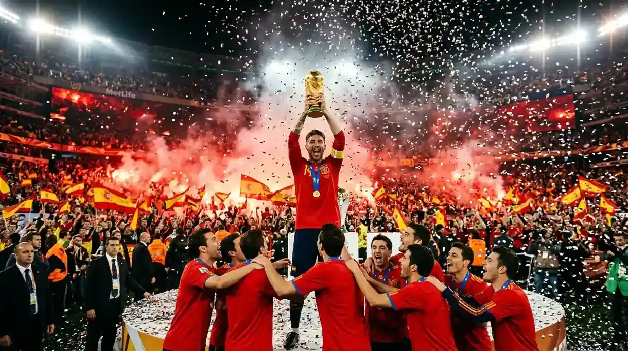 Capitán de España levanta el trofeo mientras sus compañeros corren a abrazarle