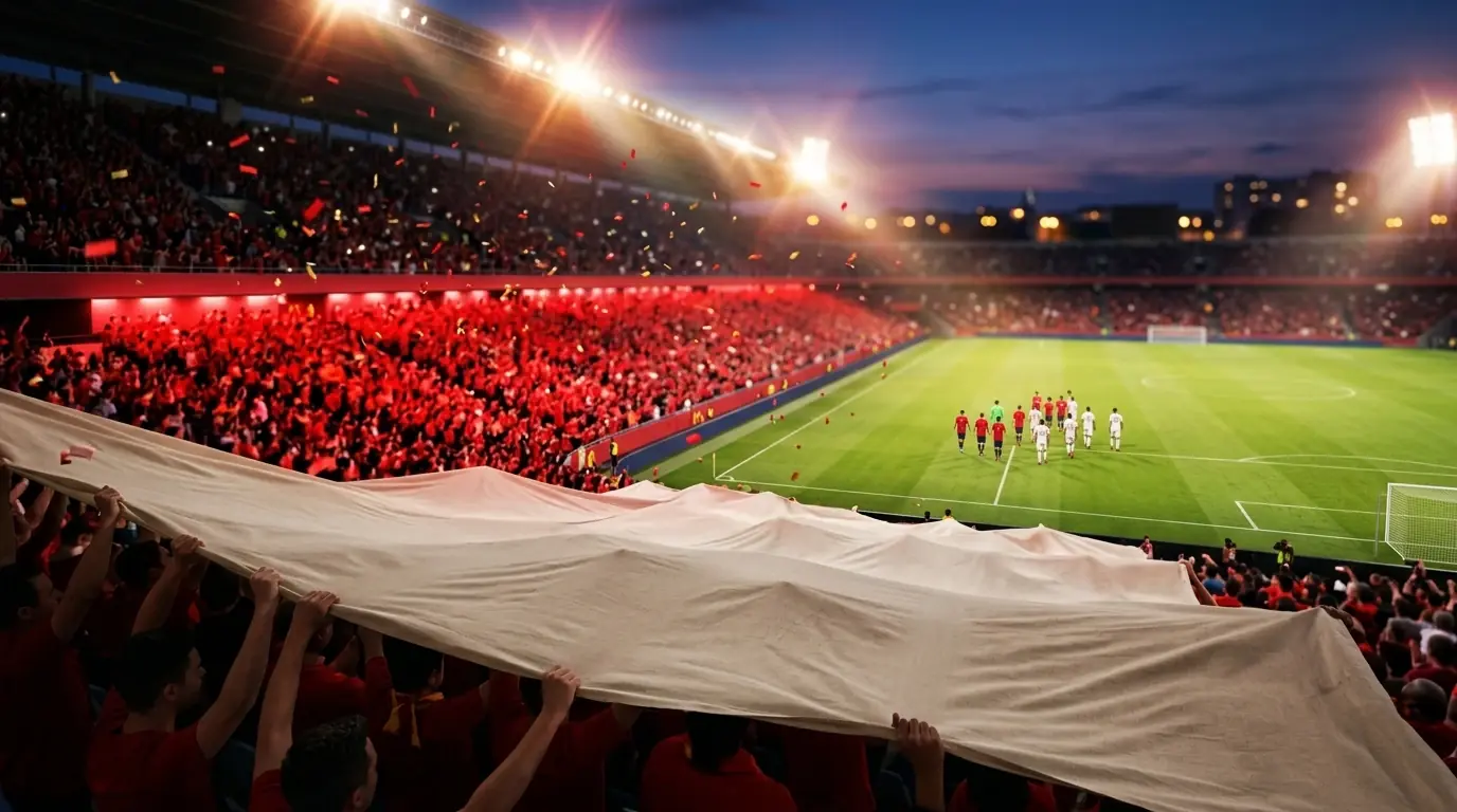 Hinchas con banderas españolas y un fondo de aficionados celebrando una victoria