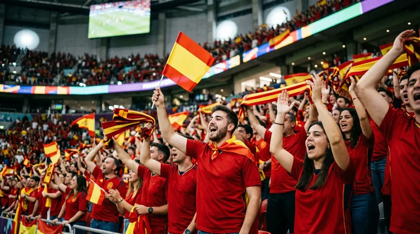 Hinchas con camisetas rojas alientan en las gradas de un estadio del Mundial 2026