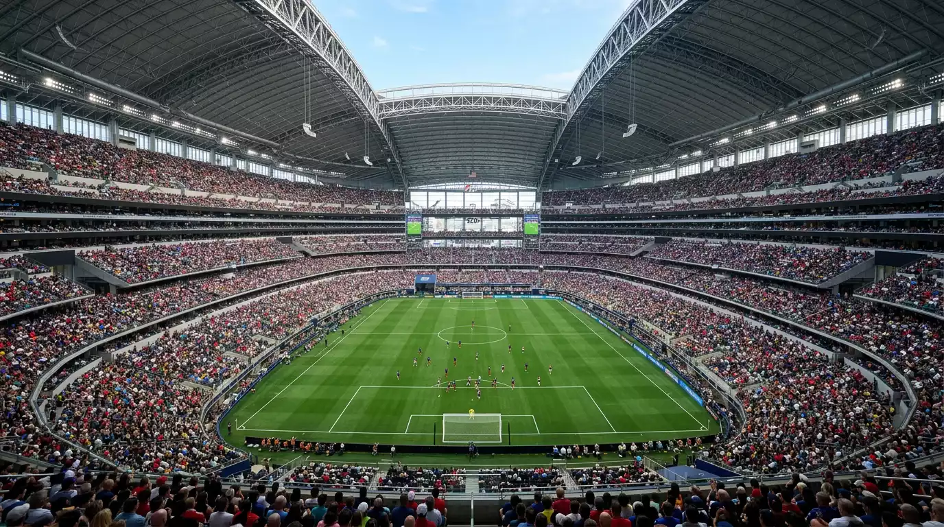 Estadio de fútbol iluminado en horario nocturno con el césped verde y las gradas repletas de espectadores