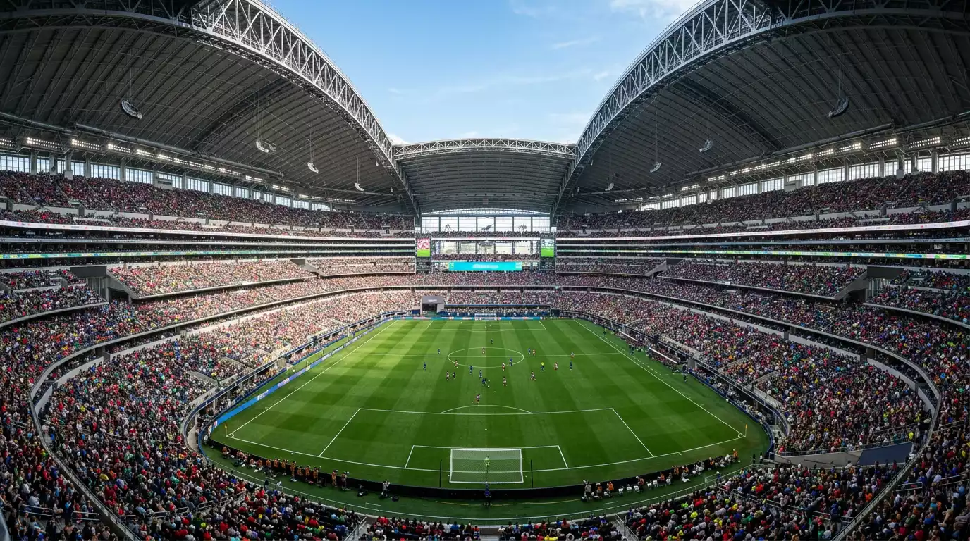 Vista panorámica de un estadio del Mundial 2026 con el campo de fútbol iluminado y tribunas llenas de aficionados