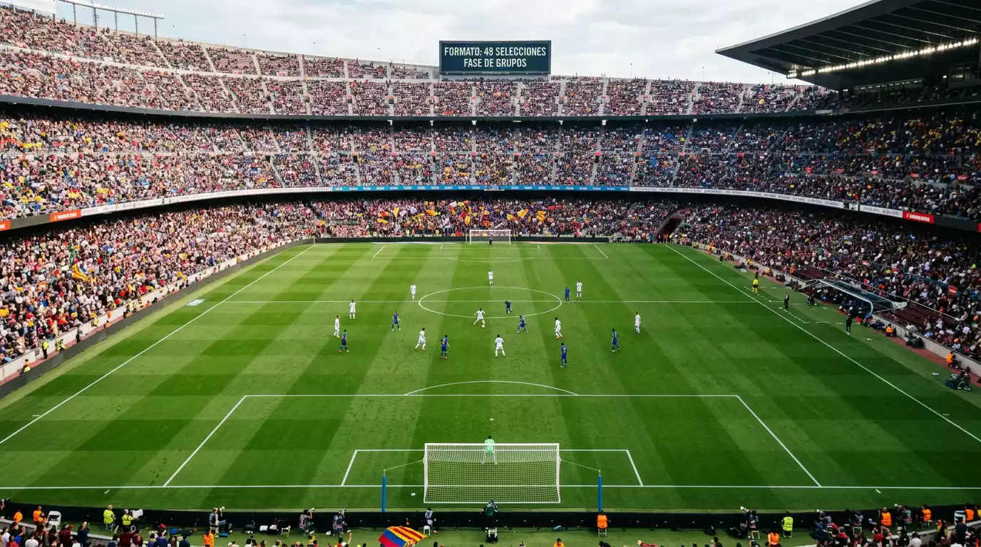 Vista panoramica de un estadio lleno durante un partido de fase de grupos del Mundial 2026