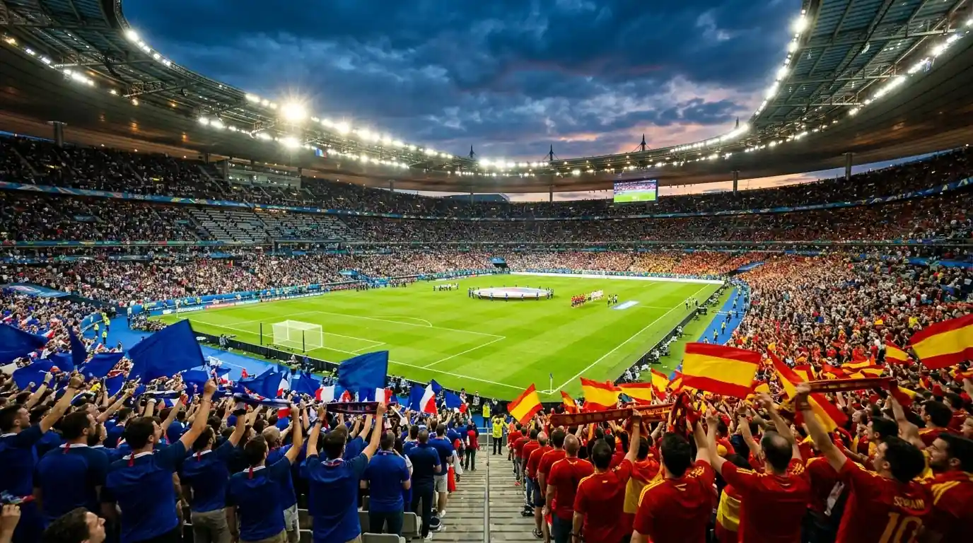Hinchas ondean banderas en las gradas del AT&T Stadium antes de la semifinal Francia-España