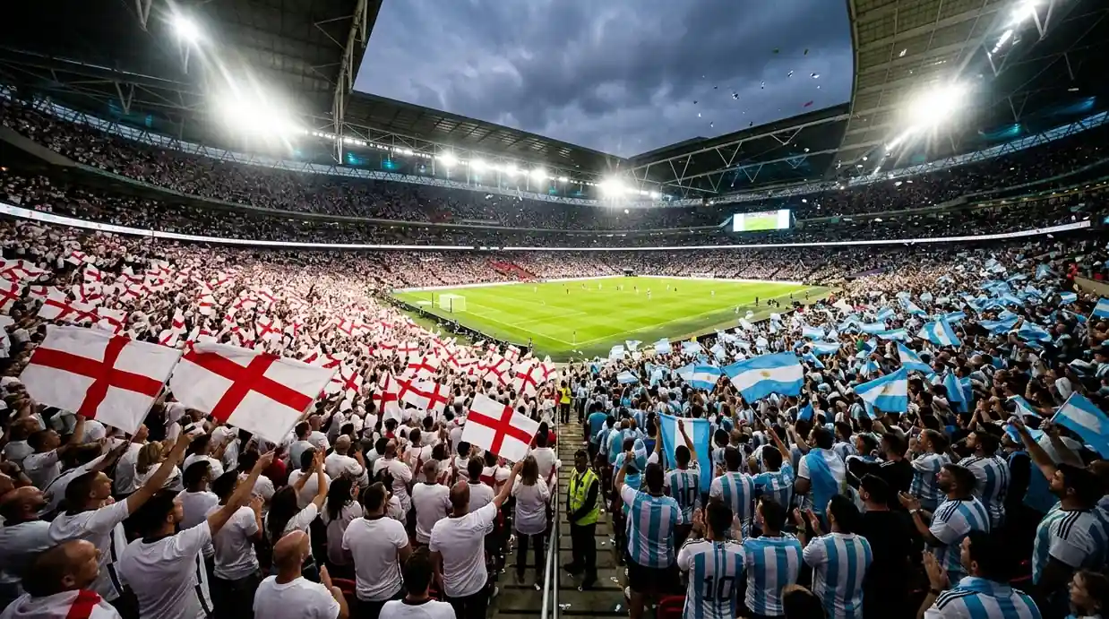 Hinchas ingleses y argentinos ondean banderas en las gradas del Mercedes-Benz Stadium de Atlanta
