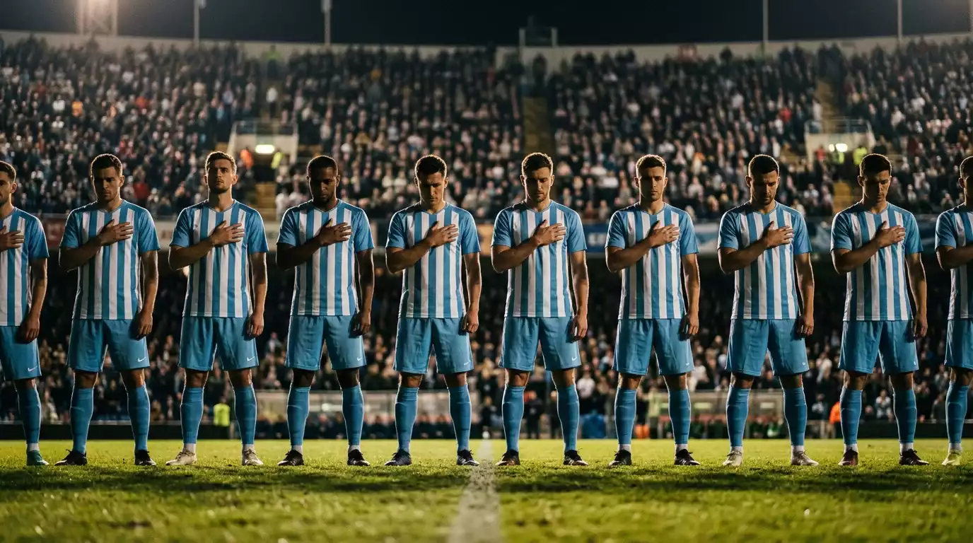 Jugadores sudamericanos formando en el campo de juego antes de un partido de eliminatorias con camisetas de sus selecciones