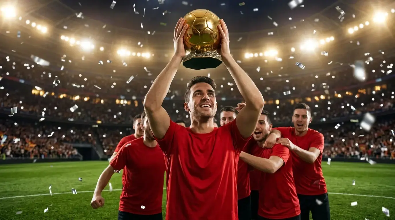 Rodri, con el Balón de Oro bajo el brazo, celebra rodeado de sus compañeros de España