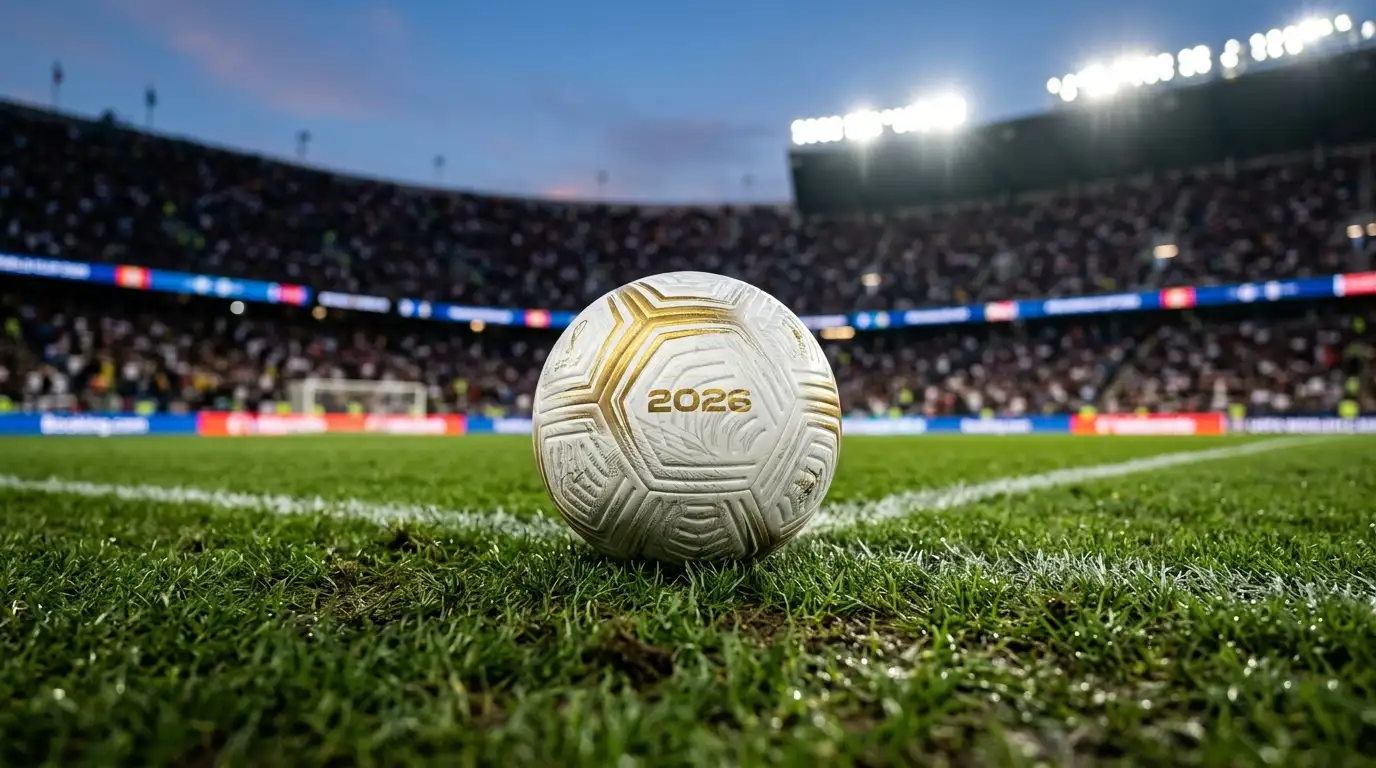 Balón del Mundial 2026 sobre el césped con las luces del estadio de fondo