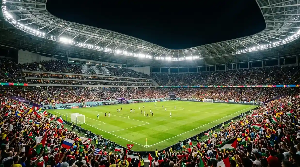 Estadio del Mundial 2026 iluminado de noche durante un partido de octavos de final
