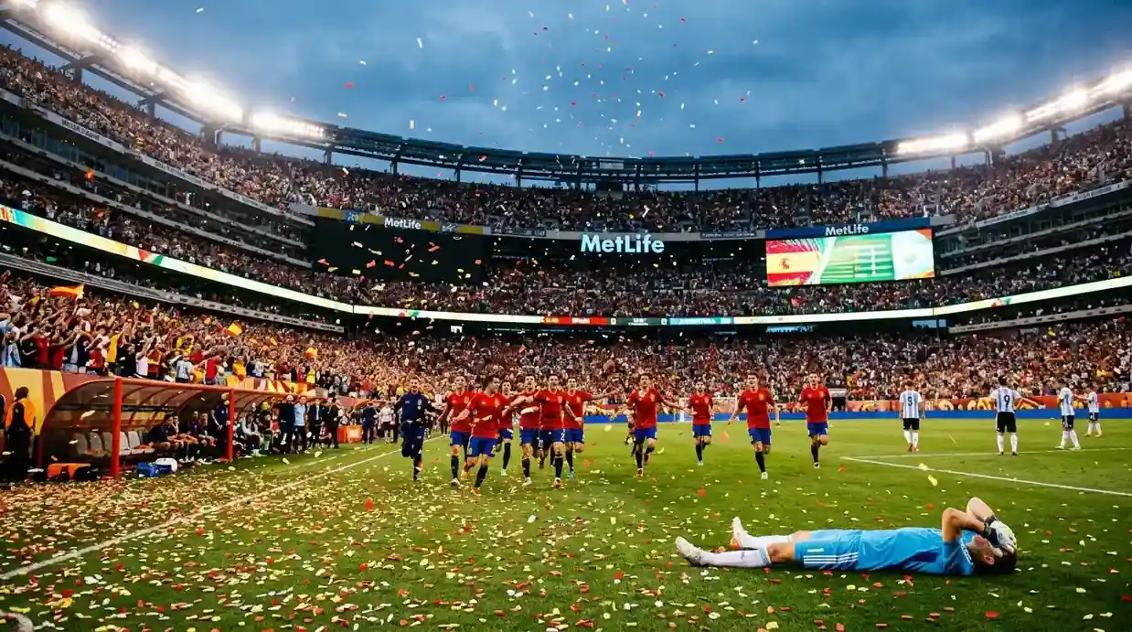 El MetLife Stadium se ilumina mientras los suplentes de España celebran el gol del título